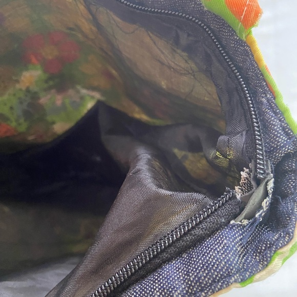 Green and Yellow Retro Floral Tote Bag 80s broken zipper - Picture 2 of 4